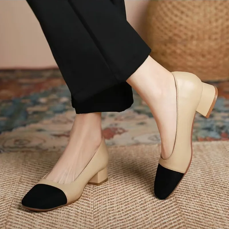 

Women Pumps Genuine Leather High Heels Shallow Mouth Middle Sheepskin Square Toe Smooth Small Fragrant Style Thick Heeled Shoese