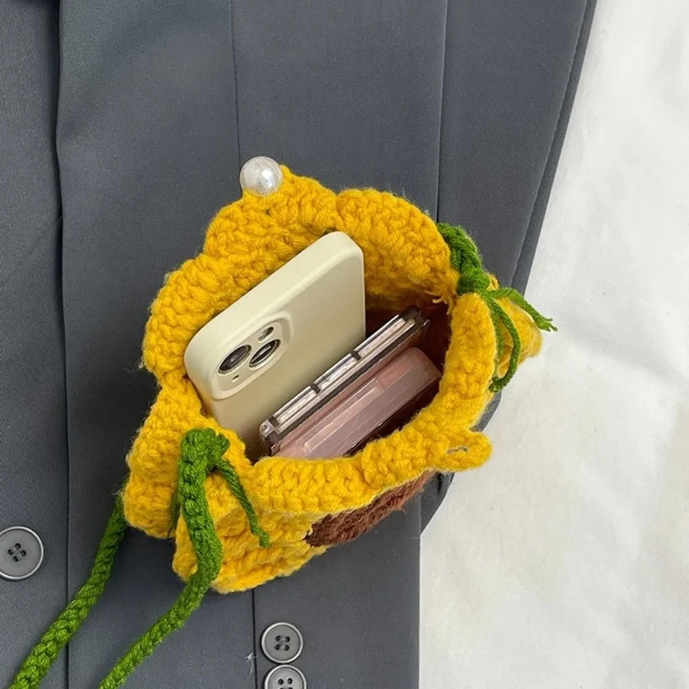Sweet Handmade Knitted Handbag Rustic Design Sunflower Pattern Mini Shoulder Bag with Strap Woven Crossbody Bag for Women