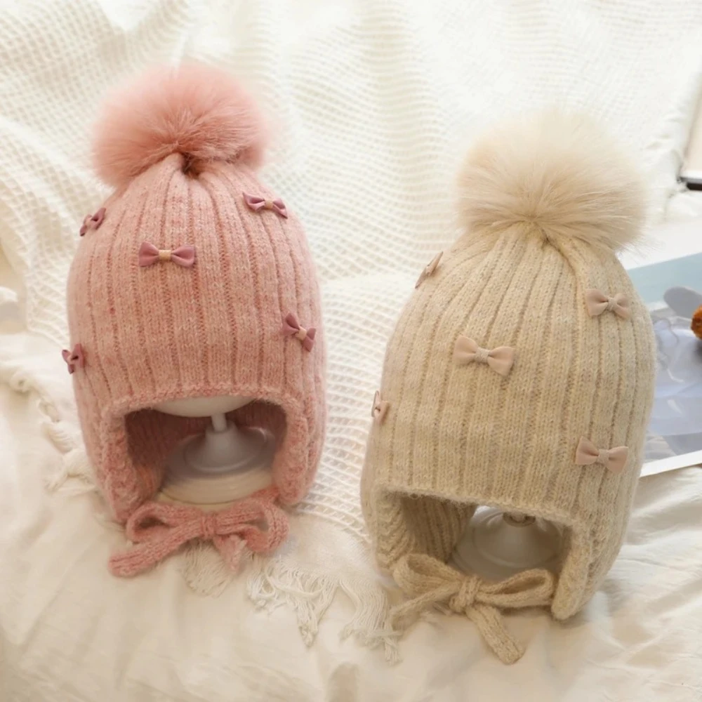 

Baby Hat Princess Winter Hat for Girls Pompom Bows Kids Bonnet Hat Warm Ears Thicken Children Girl Cap Faux Fur Ball Girl's Gift