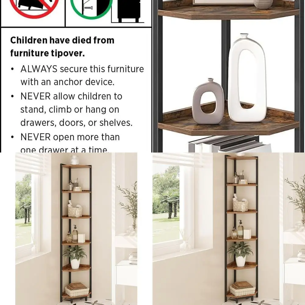 

6-уровневая угловая полка в деревенском коричневом металлическом каркасе — книжный шкаф и блок для хранения для дома и офиса