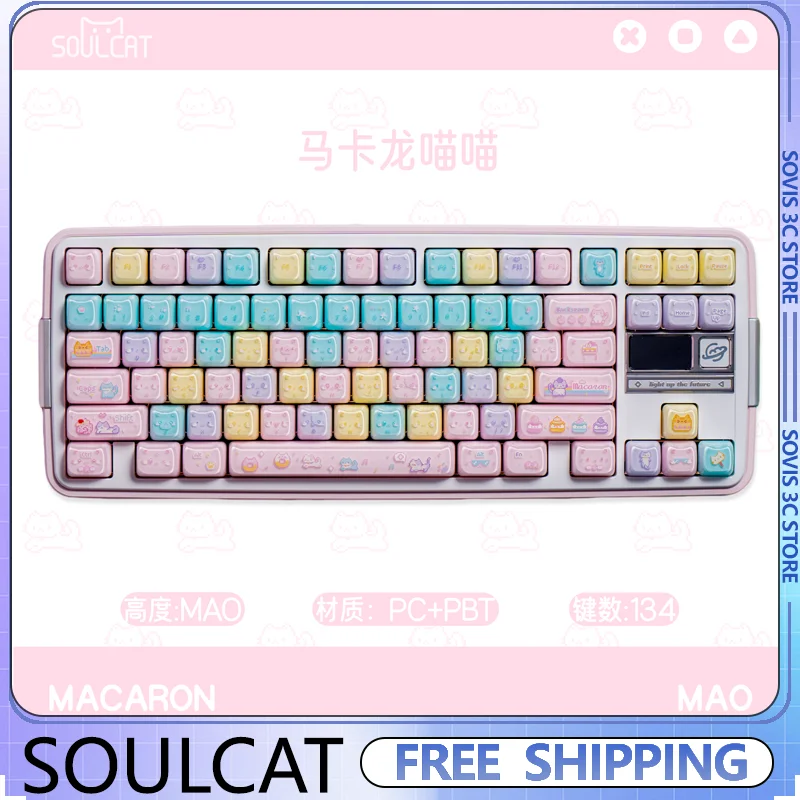 SOULCAT Macaron Meow Keycap MAO Profilekeycaps 134 Keys PC Transparent Cat Ears Key Caps for MX Mechanical Keyboard Gamer Gifts