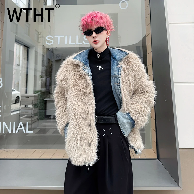 

WTHT Trendy Men's Spliced Denim Wear Inside Out Design Coats Fashion Single Breasted Faux Fur Jackets Male 2025 Winter 2A2361