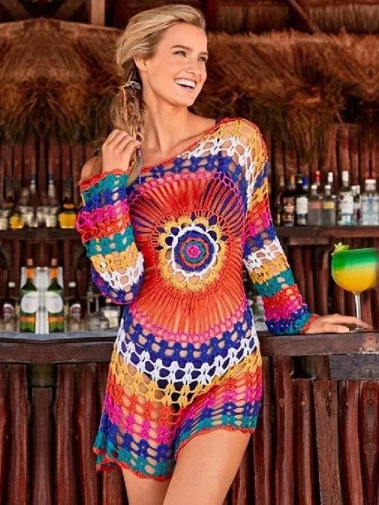 Handmade Knitted  Cover Up Tunics for Beach Swimsuit Crochet Cover Ups Sarong Beach Saida Praia Sarong Beach Kaftan