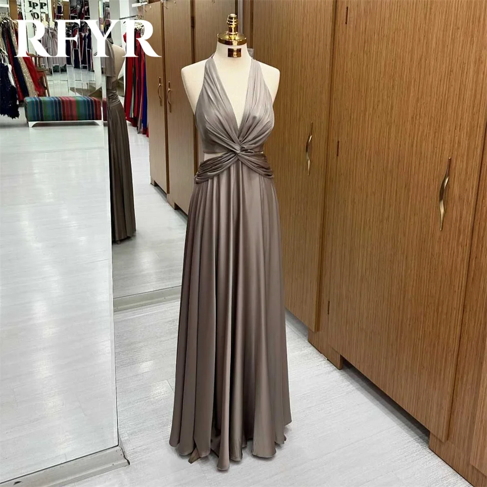 

RFYR Grey Prom Dress Halter A-Line Backless Evening Dresses Luxury Sleeveless Party Dresses with Pleats Satin Robe De Soirée