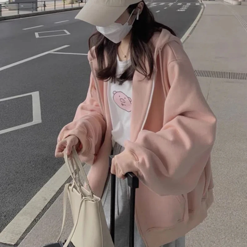 Autumn Winter New Fashion Hoodies Solid Long Sleeve Women's Clothing Pockets Zipper Korean Simplicity Warm Trend Drawstring Tops
