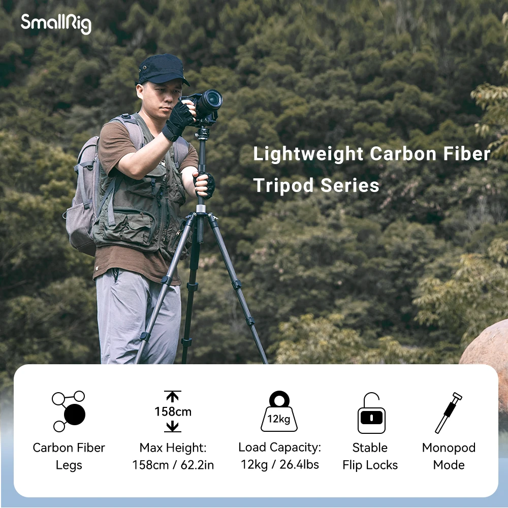 Imagem -02 - Smallrig Tripé de Fibra de Carbono com Coluna Central Ap20 para Sony Dslr Carga 12kg com 360 ° Panorama Bola Cabeça Liberação Rápida 4059