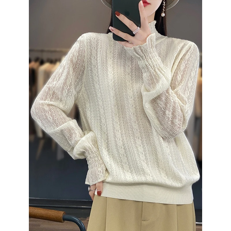 Spring Summer Women 100% Soft Wool Organdy Sweater Half-high Collar Ruffled Lace Hollow Out Pullover Casual Knit Bottoming Tops