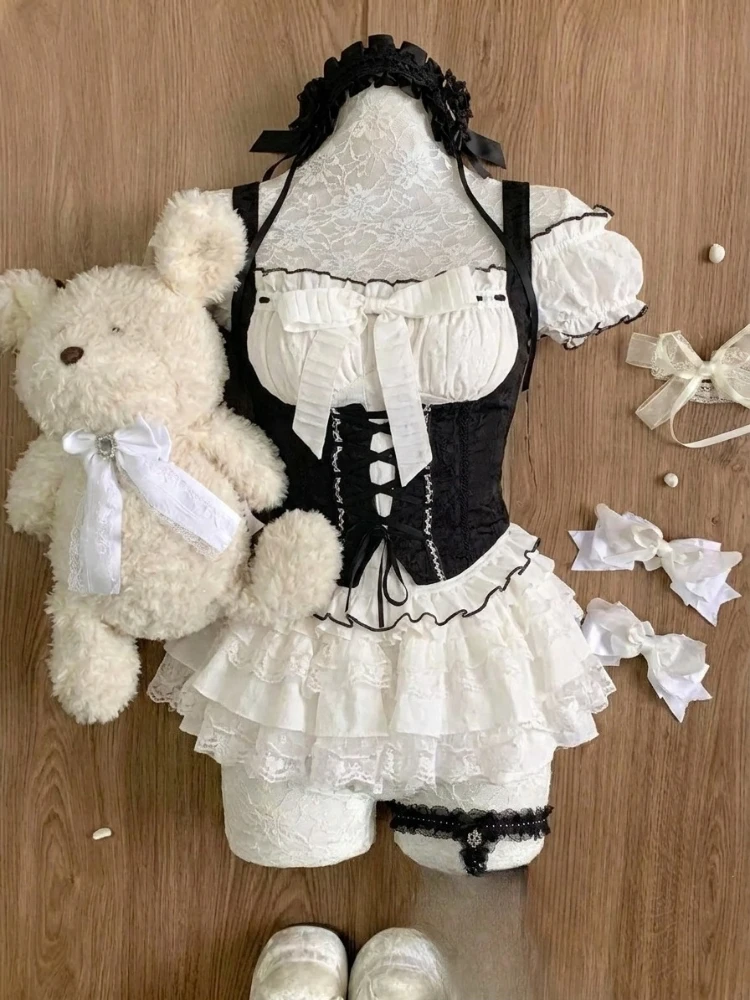 

Sweet Lolita Japanese Kawaii Black White 2 Piece Set Off Shoulder Lace Ruffle Bow Corset Mini Skirt Women Cosplay Party Outfits