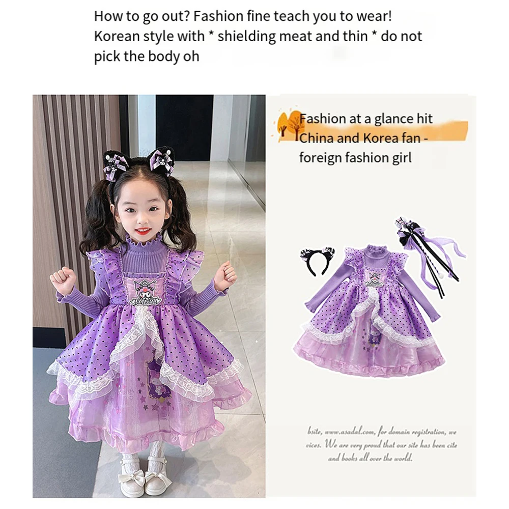 Robe pull en peluche Sanrios Anime pour filles, robe de princesse Lolita Kawaii pour enfants, Kuromi Y2K, fête d'anniversaire, printemps, automne, 2024