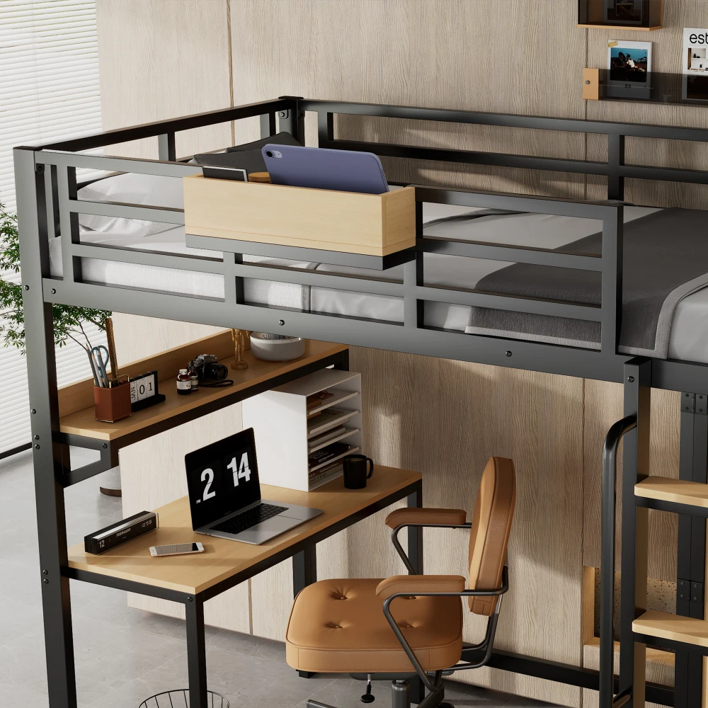 PINGGO Schwarz & Naturfarbenes Eisen-Etagenbett 90x200cm mit Kleiderschrank, Treppe, Schreibtisch, Staufächern, Metall, MDF, ohne Matratze – Detail 15
