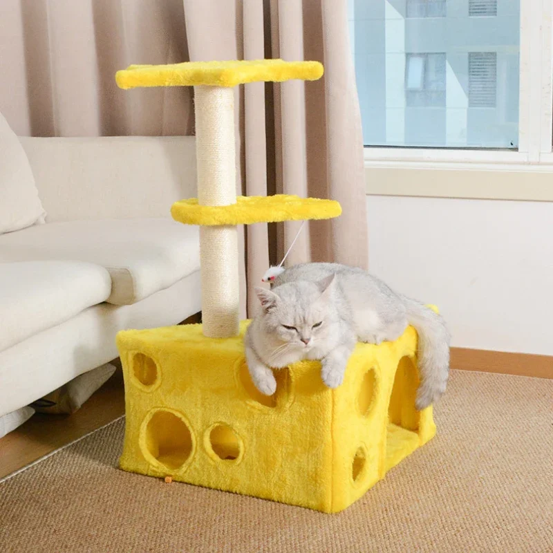 Cat Tree Tower with Hanging Toy Sisal Scratching Post & Multi Holes Plush Cute Cheese Shape Cat Tree for Indoor Kitten Cats