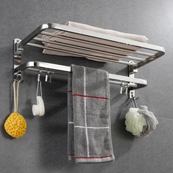 Stainless Steel Towel Rack Foldable Punching Free Bath Towel Shelf With Hooks Home Kitchen Bathroom Supplies Storage Holder