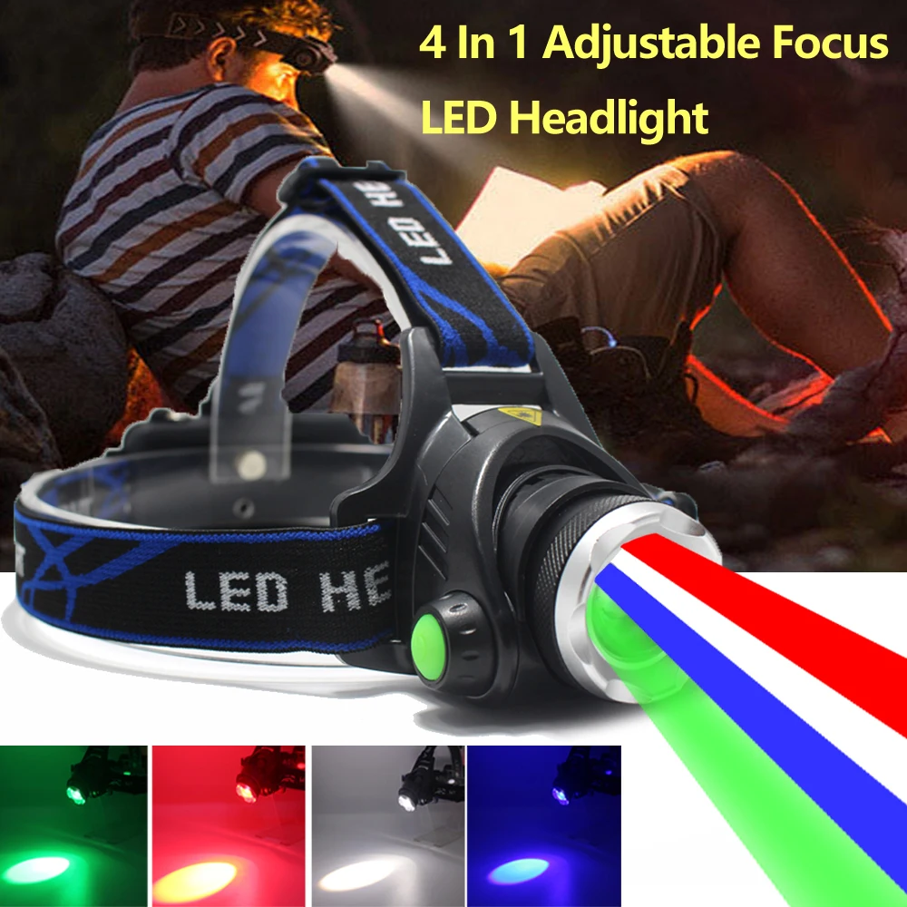 

4 in 1 Red/Green/Blue/White Headlamp XPG LED Adjustable Focus Hunting Headlight USB Charging Lamp for Fishing Camping