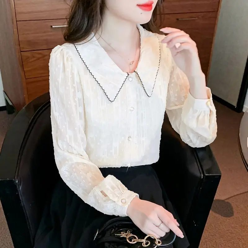 Chiffon Shirt Women's Long Sleeved 2023 Spring Korean Version New Doll Neck Top High Grade Feeling Shirt Unique Chiffon Shirt