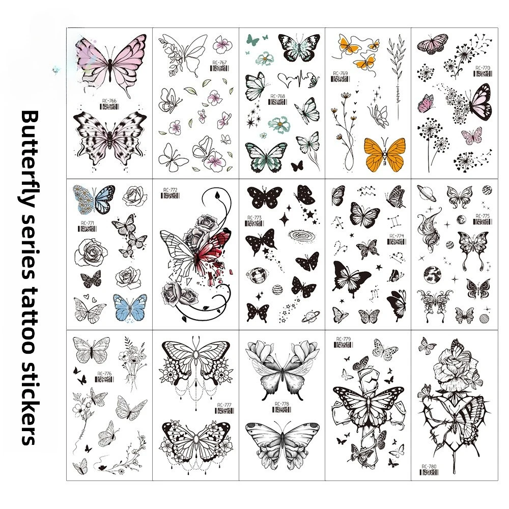 100x Butterfly Tattoo Sticker Waterproof Women Body Face Arm Leg Tattoo Sticker Flower Flase Sticker for Books, Cups, Laptops