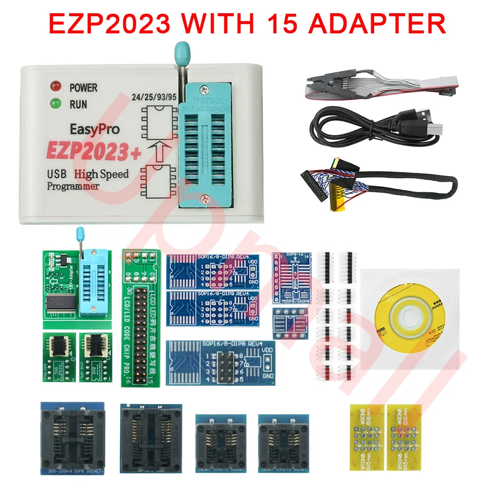 Original EZP2023 USB SPI Programmer Full Set with 15 Adapters Test Clip Sop8/16 Support 24 25 93 95 EEPROM Flash Bios Minipro