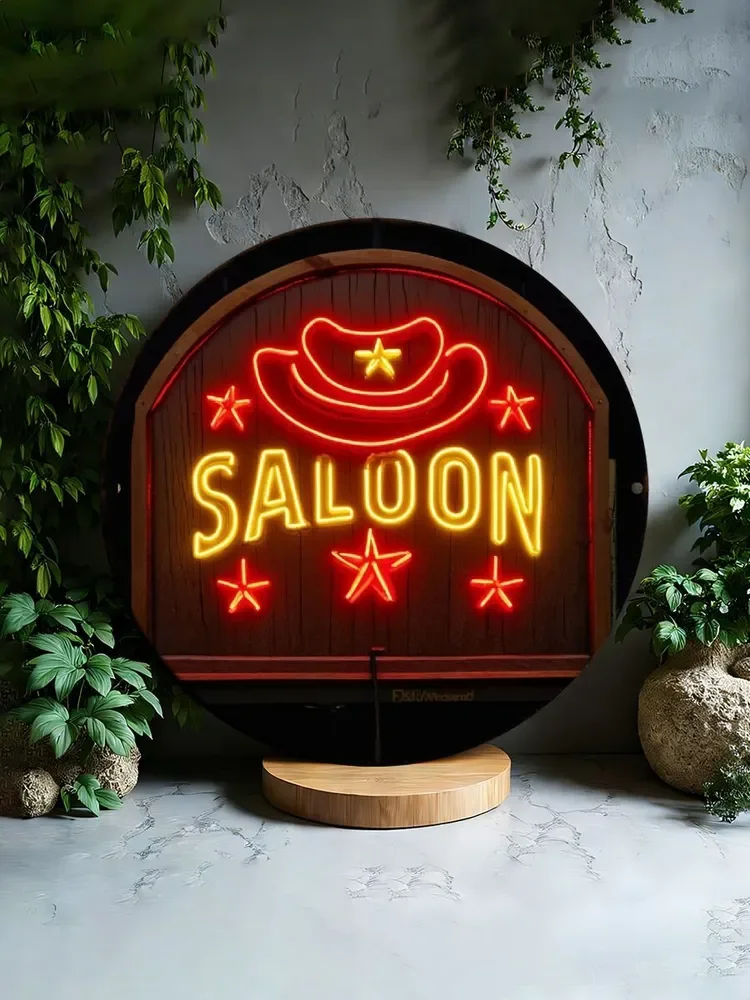 Neon Saloon Aluminum Print Art, 20x20cm Vintage Wall Decor, Rustic Bar Sign, Metal Poster, Unique Western Gift
