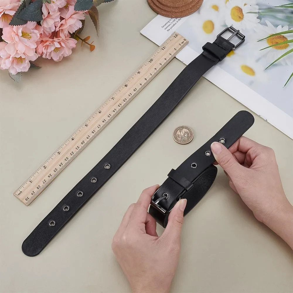 2 قطعة الأشرطة التقليدية النقبة الموسع الجلود الكفة حزام أبازيم 1x16 بوصة الأسود بولي Leather الجلود حزام قابل للتعديل مع مربع معدني #3