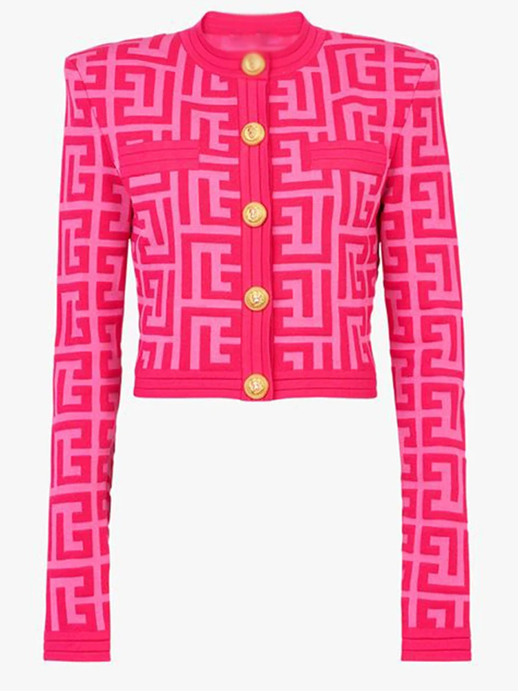 HIGH STREET Newest 2024 Designer Jacket Women\'s Lion Buttons Monogram Geometric Jacquard Knitted Cardigan