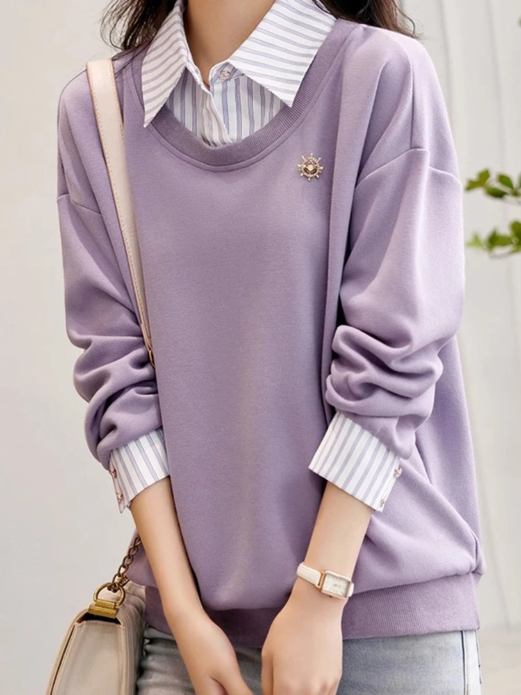Fake Two Piece Shirts Sweatshirts Long Sleeve Korean Fashion Women Pullovers 2025 New Spring Autumn Loose Casual Jumper Female