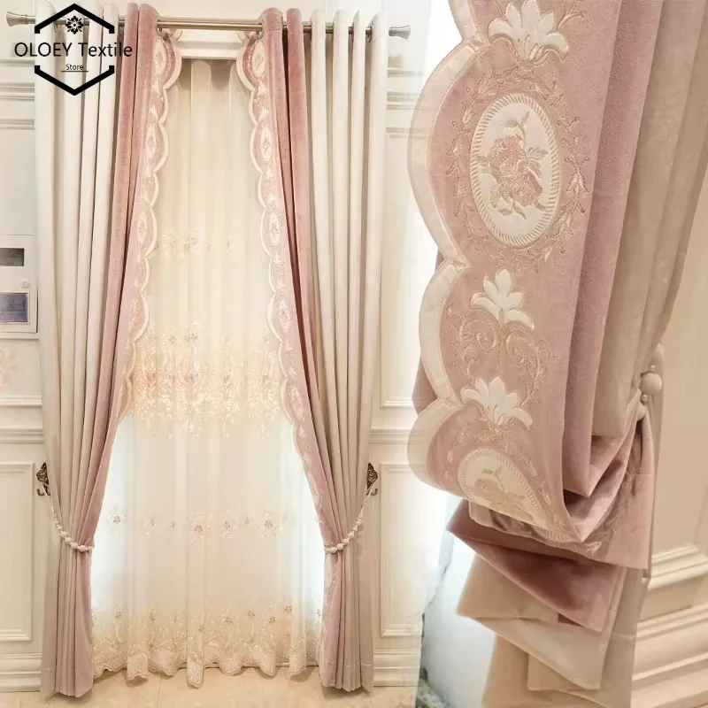 

Elegant European Luxury Curtains for Living Room Dining Room Bedroom Blue Solid Color Embroidery French Light Custom Home Decor