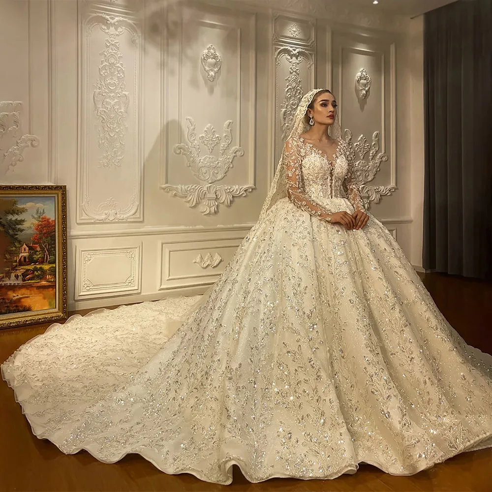 Exquisito vestido de novia de Princesa Real con cuello en V, apliques de encaje, vestidos de novia de lentejuelas, vestido de baile hecho a medida, vestidos de mujer