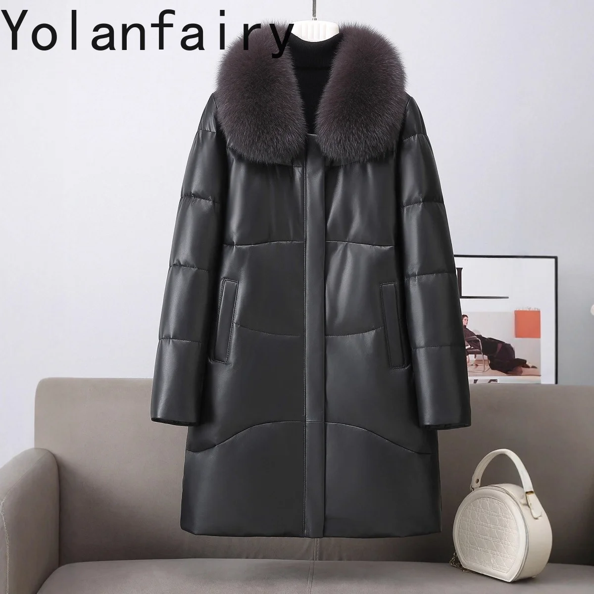 YOLANFAIRY Top Layer Sheepskin 100% Genuine Leather Down Jacket Women Winter Mid-length Warm Goose Down Coat Fox Fur Collar New