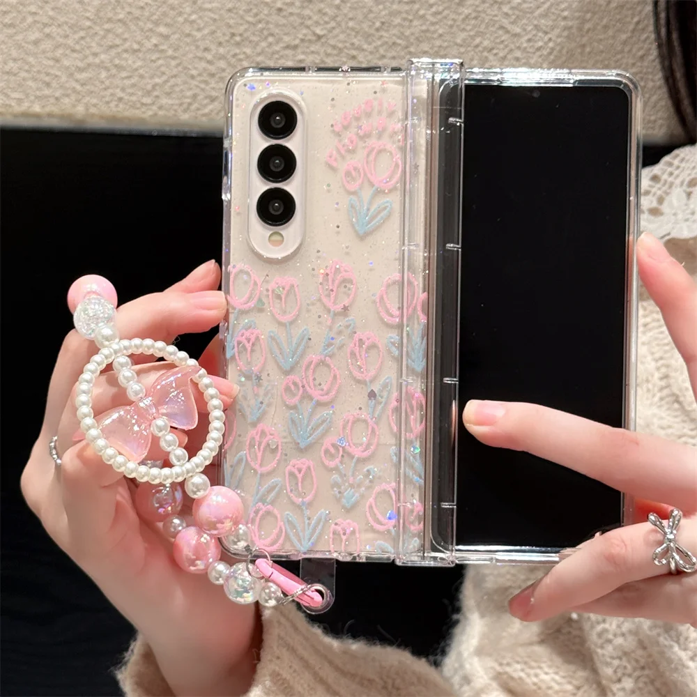 

INS glitter tulip flower phone case for Samsung Galaxy Z Fold 6 Fold 7 5 Fold 3 4 5 6 7 with pearl hinge cute protective cover