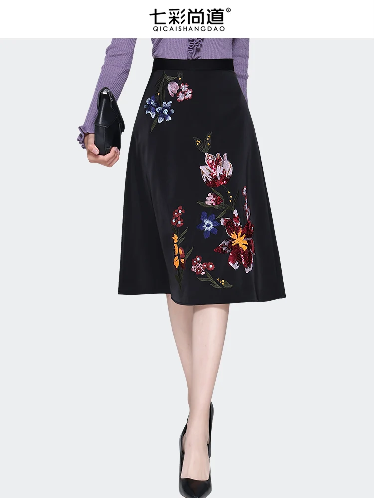 Vintage Black Embroidered Skirt Women Autumn New High Waist A-line Mid-length Soft Satin Skirts