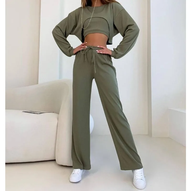 Round Neck Crop Top and Pants Set for Women, Long Sleeve, Casual Outfit, Female Clothes, Fashion, 3PCS