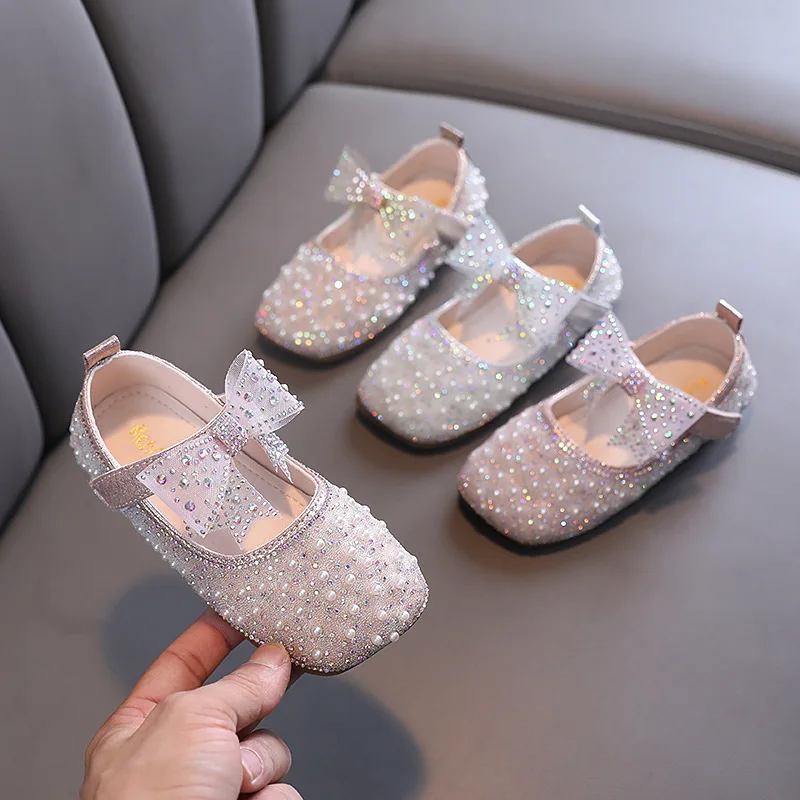 

2023 New Girl's Princess Shoes Fashion Children's Bow Rhinestone Sequin Kids Shoes Baby Party Student Flat Performance Shoes H19