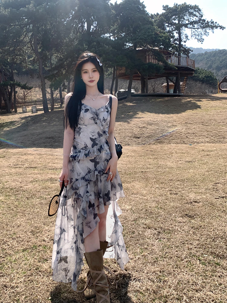 Beach Summer Dress Women French Vacation Camisole Dress Niche Ruffle Edge Patchwork Irregular Print Dress