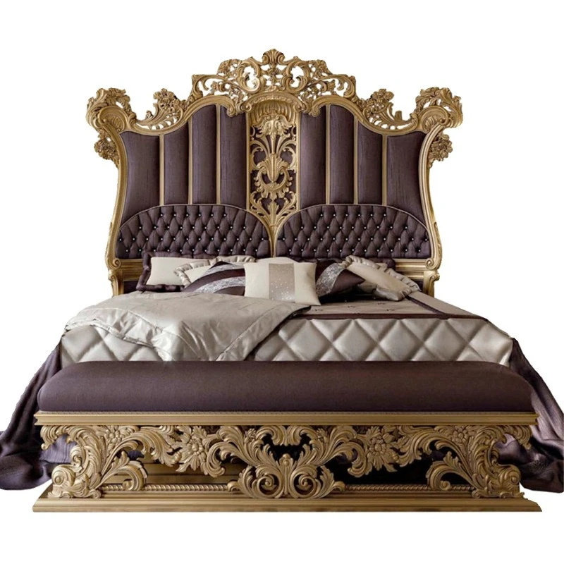 Solid wood carving French court double bed leather master bedroom bed