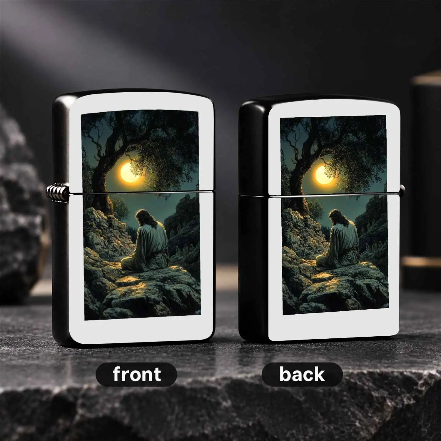 Retro With Jesus Praying In Gethsemane Under Full Moon Pattern, Durable Portable Windproof , Creative Religious Themed Collectible Gift For Believers Friends Family Daily Use A Fun And Humorous Lighter