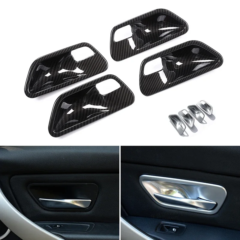 For BMW 3 4 Series F30 F32 2013 2014 2015 2016 2017 2018 Carbon Fiber Texture / Sliver Car Interior Door Handle Bowl Cover Trim