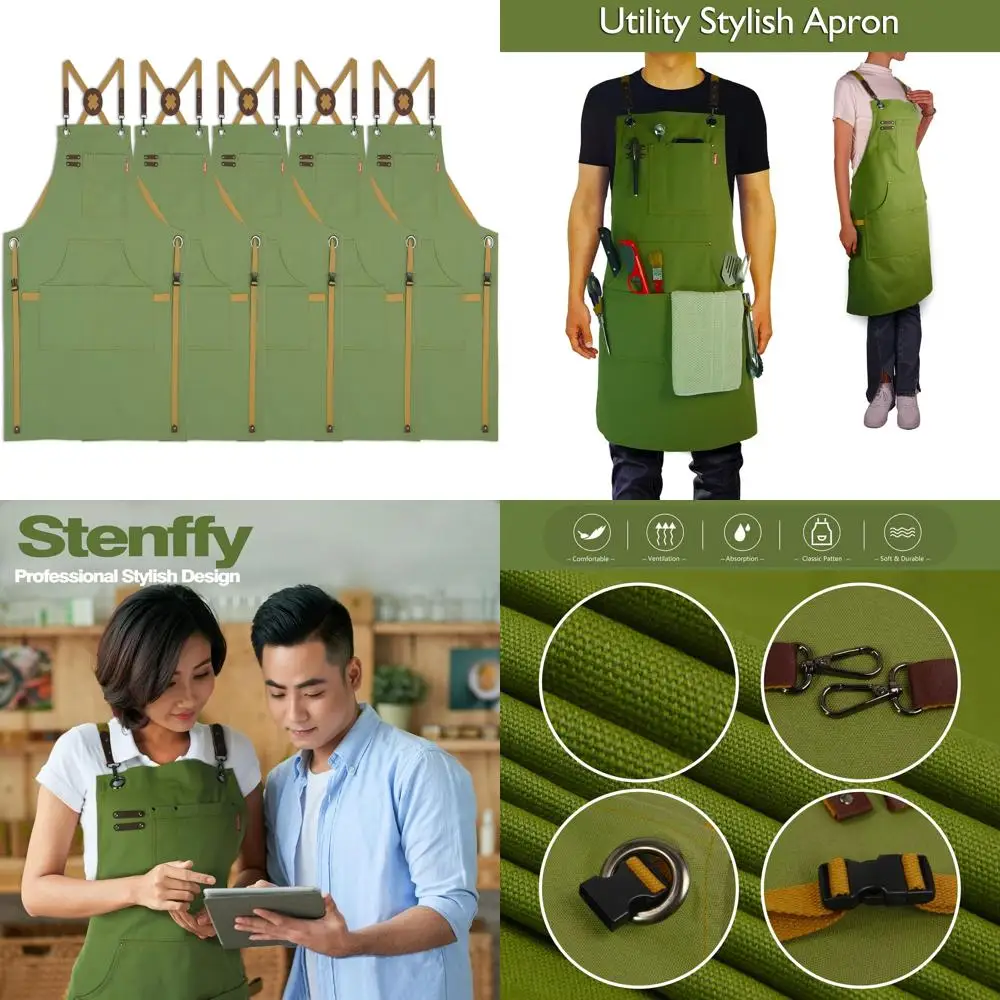 

Canvas Kitchen Work Apron with Multiple Pockets for Gardening, Painting, BBQ, Artistry, and Carpentry - Medium to XXL, Olive Col
