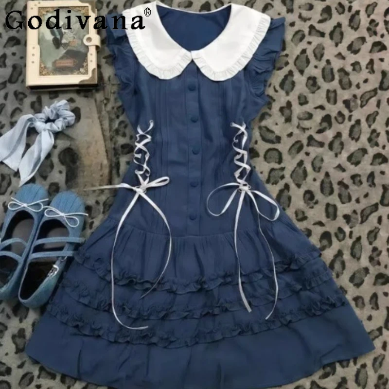 

Spring Summer Blue High Waist A-line Sweet Peter Pan Collar Dress Fashion Age Reduction Vintage Lace-up Cute Sleeveless Dresses
