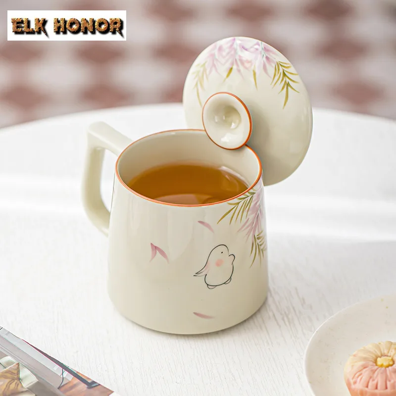 330ml Hand Drawn Cute Rabbit Wisteria Flower Filter Tea Separator Cup Retro Tea Mug With Infuser Tea Maker Office Water Cup Gift