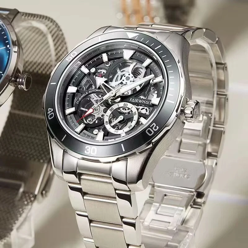 Mark Fairwhale Фирменные новые модные механические часы со скелетом для мужчин, светящиеся водонепроницаемые часы из нержавеющей стали с турбийоном, мужские часы