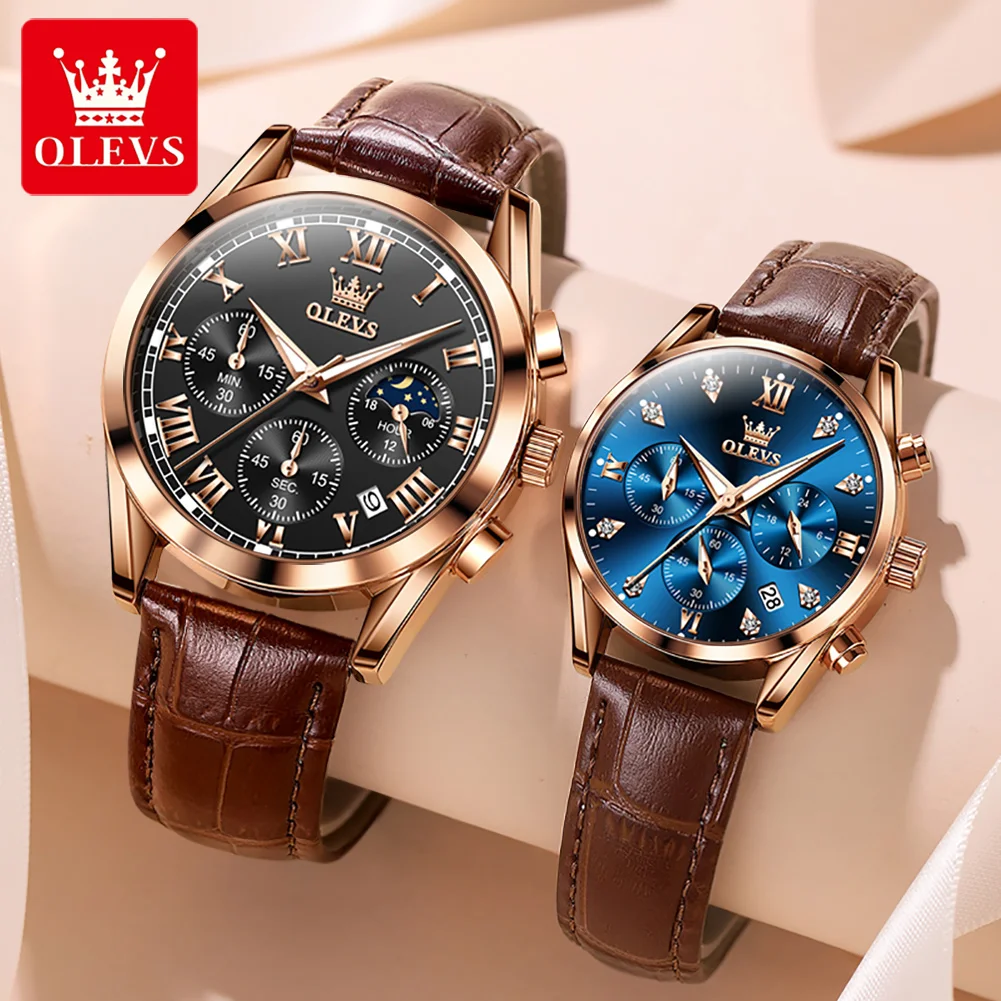 OLEVS Lover Watches Top Brand Luxury Couple Quartz Watch Waterproof Leather Chronograph Watch for Women and Men Couple Gift