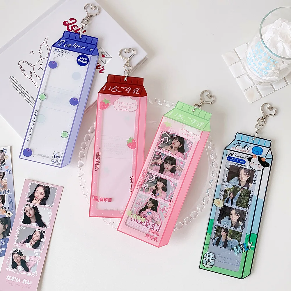 Sweet Girl Cartoon Milk Bottle Life Four Grid Acrylic Card Holder Student Bag Pendant Hard Card Case Kpop Photocard Charm
