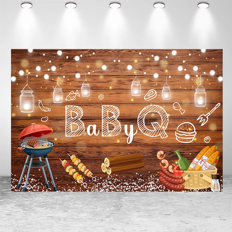 SeekPro Barbecue Birthday Backdrop String Lights Photography Beer Grill Red Wooden Rustic Sunflower Baby Shower Party Decoration