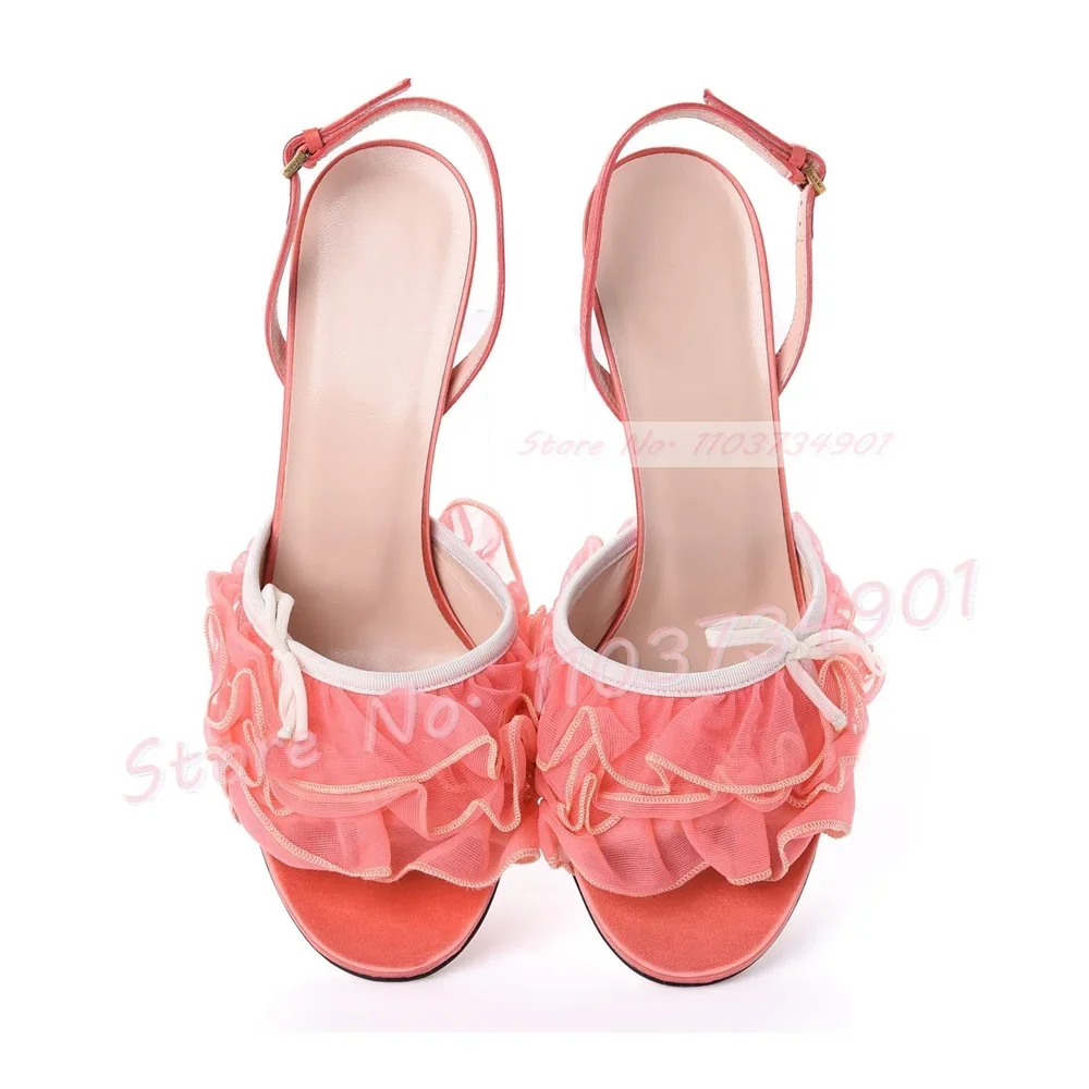 Pink Tulle Ruffle Mid Heel Slingback Sandals Women Elegant Flower Thin High Heels Shoes Ladies Fashion Open Toe Satin Sandals
