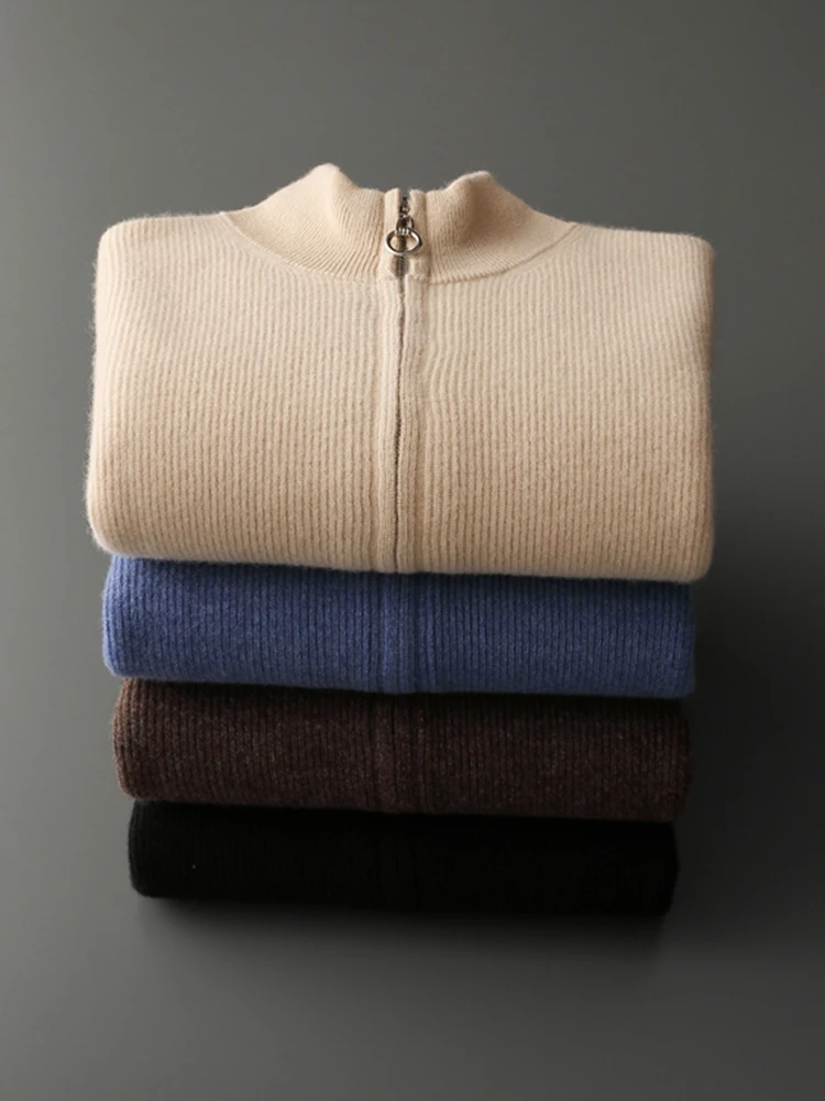 ADDONEE Autumn Winter Men Zipper Cardigan Mock Neck Thick Cashmere Sweater 100% Merino Wool Knitwear Smart Casual Sweater Coat