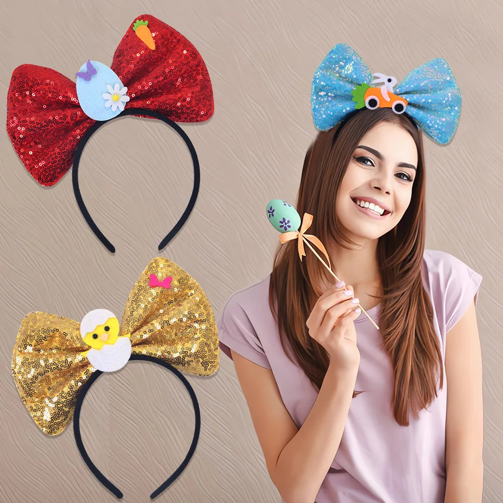 1PC Easter Sequin Bow Headband Cute Bunny Chicken Easter Egg Headdress Easter Party Hair Accessories for Children & Adults