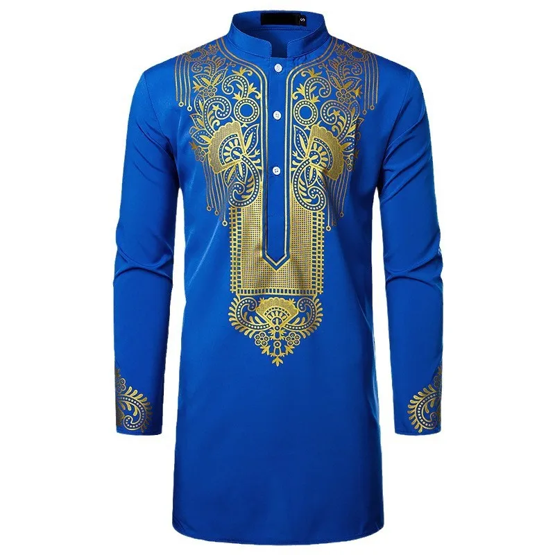 Abito Abaya arabo islamico da uomo stampa etnica colletto alla coreana camicia di media lunghezza giovanile cappotto di lusso moda Casual abbigliamento uomo musulmano