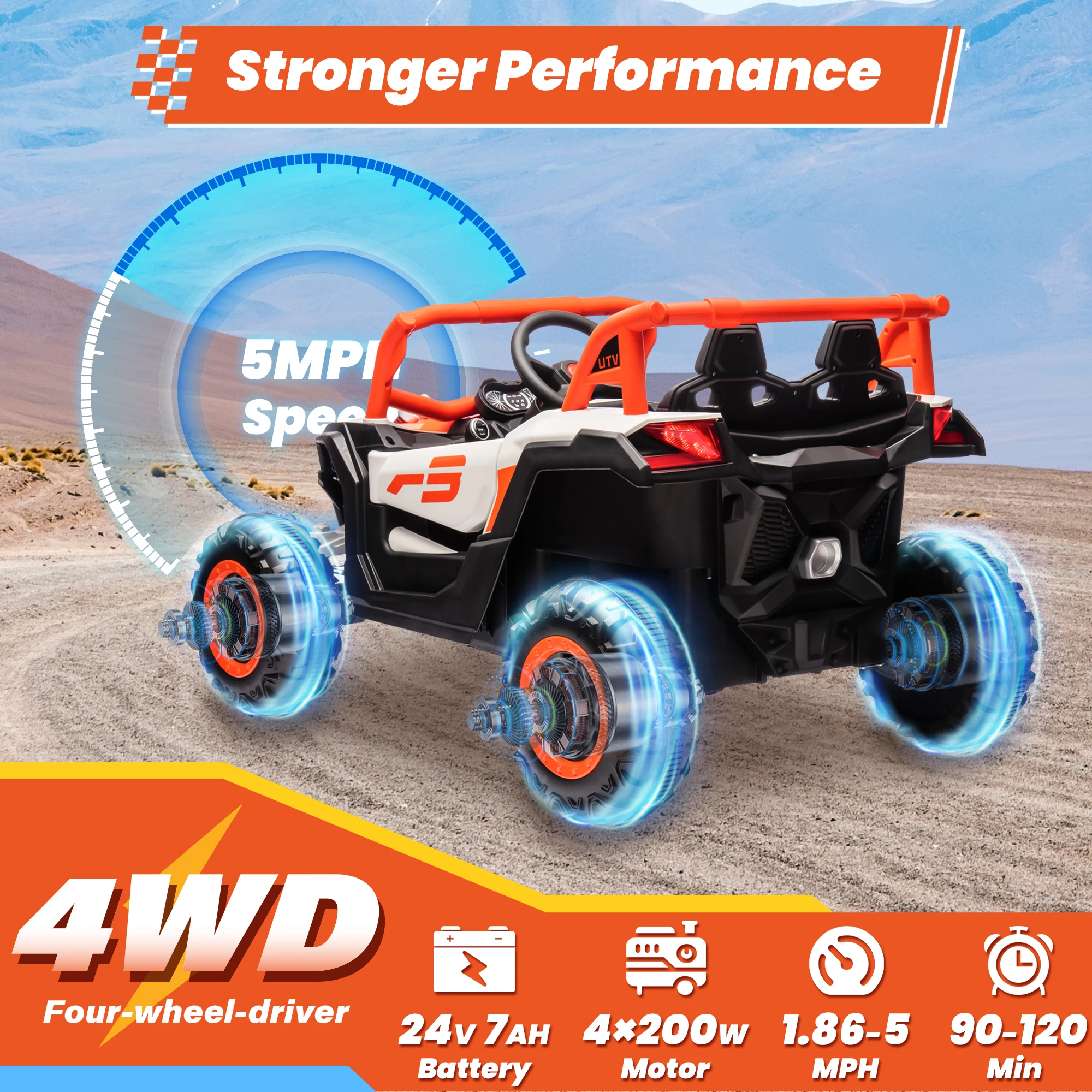 24V rit op auto voor kinderen met afstandsbediening, JOYRACER off-road UTV op batterijen, 4x150W motoren, 4 schokdempers, max. 4,5 mph