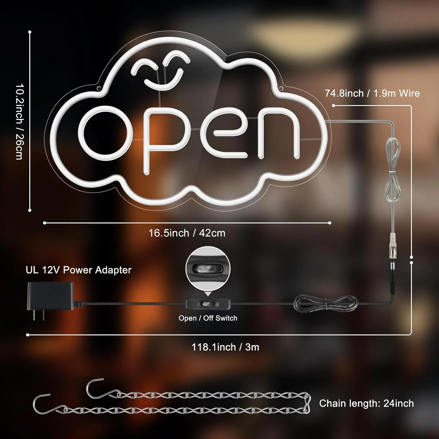 Open Neon Sign for Business Bright LED Neon Light Sign Switch Cloud for Stores Restaurants Offices Shops Storefronts Bar Decor