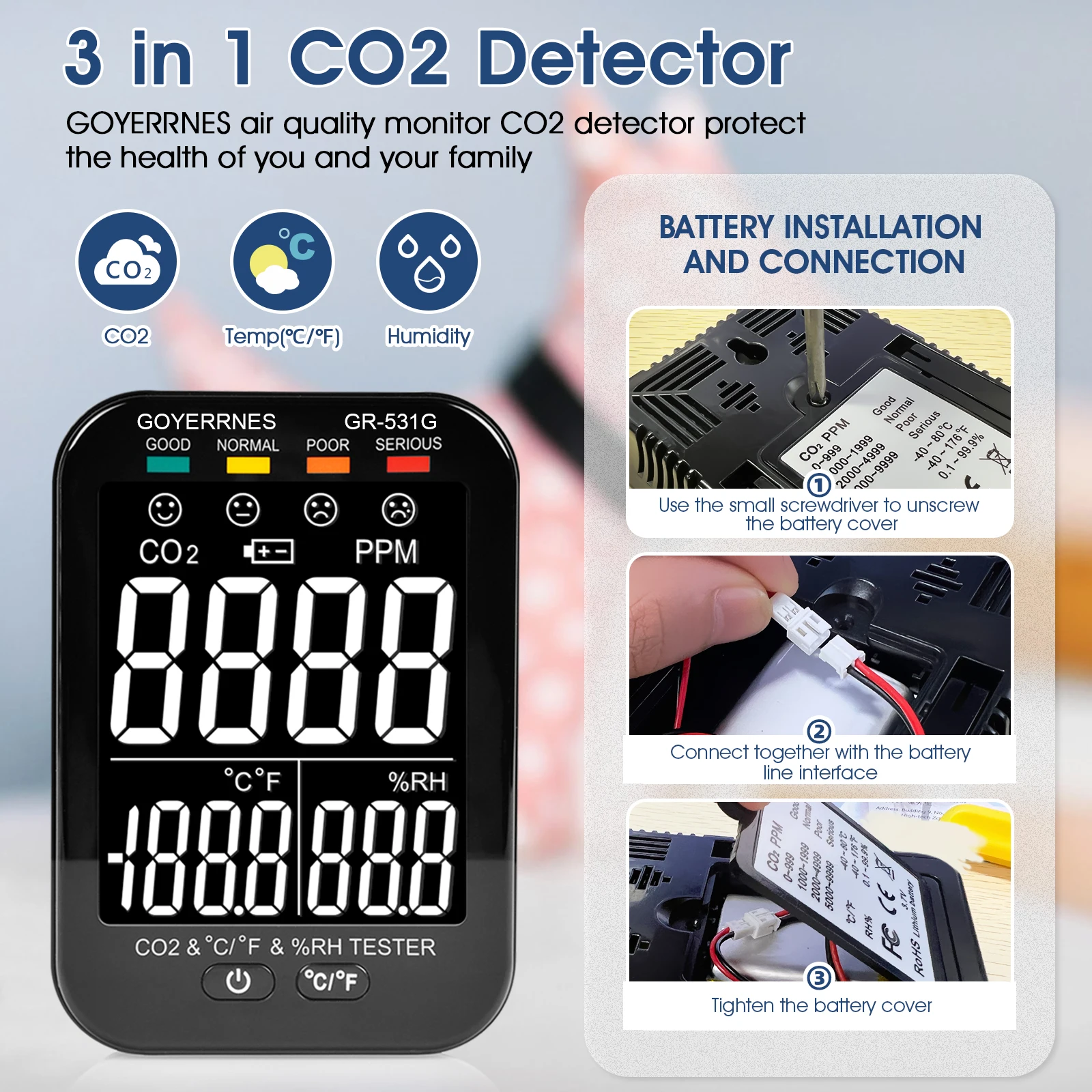 KE-531G CO2 Detector Monitor Carbon Dioxide from 0~10000ppm with high accuracy of ±5% for botanical garden, Home Bedroom, Office