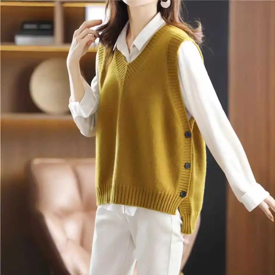 Los gebreid truivest Dames Lente Herfst Bovenkleding V-Ne Vintage Sle Vest Geen knop Pure kleur Ander materiaal 00%